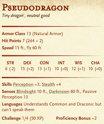 Pseudodragon Familiar 5e stat block DnD 2022